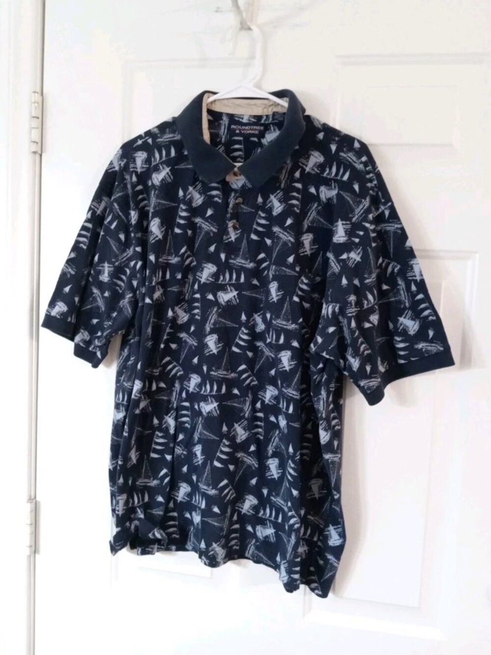 Vtg Roundtree & Yorke Men's 2XLT Sailboat Print Cotton Polo Shirt Navy Blue 90s